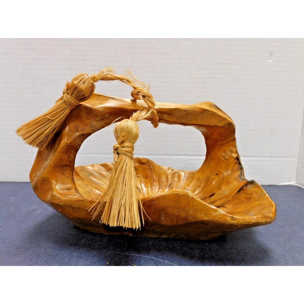 Burl Wood Hand Carved Bowl W/ Handle Vtg Brutialist MCM 8'x6'x5' DW29